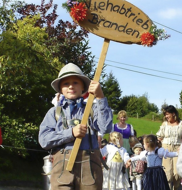 Kinder und Erwachsene in Tracht begleiten die Rinder.  | Foto: Privat