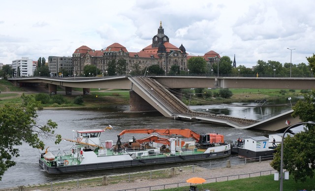 Blick auf den eingebrochenen Teil von ...br&uuml;cke am Tag danach (Archivbild)  | Foto: Sebastian Willnow/dpa