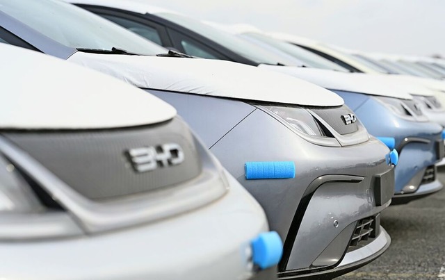 Bremerhaven: Hunderte Neuwagen des Mod...om Autohersteller BYD stehen im Hafen.  | Foto: Lars Penning (dpa)