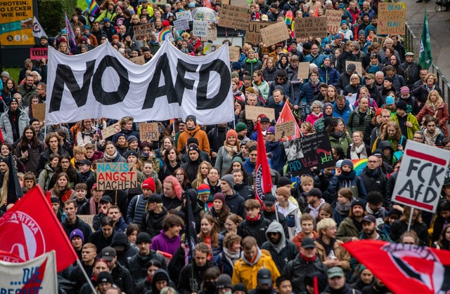 Menschen demonstrieren gegen eine Vera...iste f&uuml;r die Bundestagswahl 2025.  | Foto: Christoph Schmidt/dpa