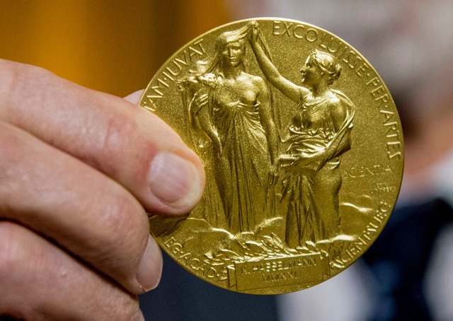 Die R&uuml;ckseite der Nobel-Medaille ...issenschaft hochgehalten. (Archivbild)  | Foto: Stefanie Loos/AP-Pool/dpa