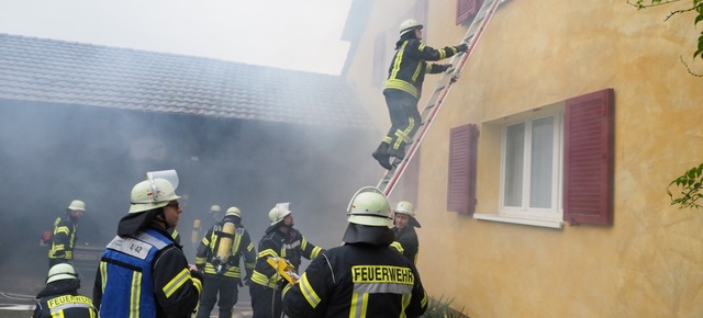 ber eine Steckleiter mussten Personen aus dem Haus gerettet werden.  | Foto: Michael Haberer