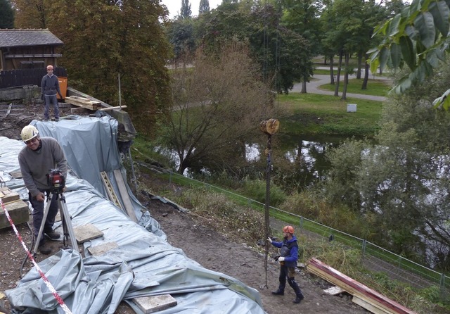 Mitarbeiter der Firma Ernst Spth baue...erhalde  auf. Unten der Schwanenweiher  | Foto: Dirk Sattelberger