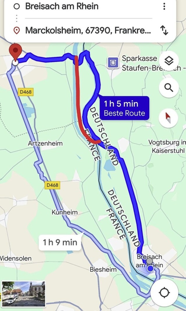 Google Maps empfiehlt den Weg in dunke...  Variante (von der BZ eingezeichnet).  | Foto: Dirk Sattelberger