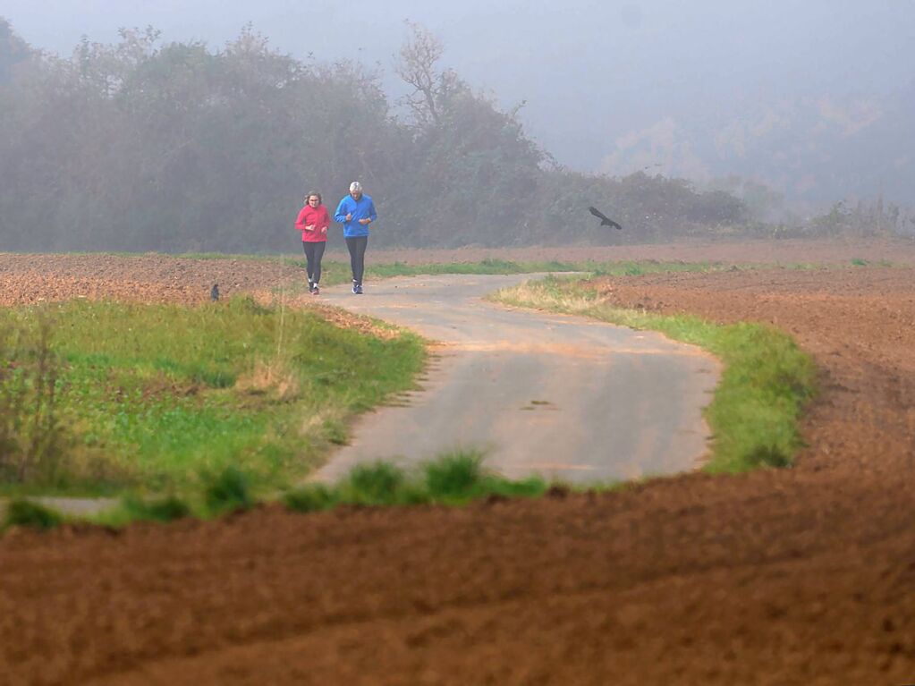 Rheinland-Pfalz, Weitersburg: Jogger laufen auf den Rheinhhen bei Weitersburg durch den Morgennebel.