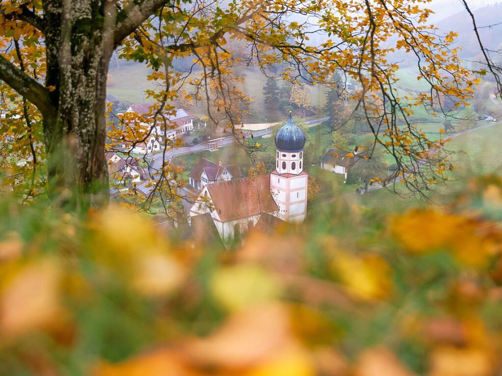 Baden-Wrttemberg, Mnsingen: Blick durch Herbstlaub auf die im Lautertal gelegene Kirche St.Gallus in Bichishausen auf der Schwbischen Alb.