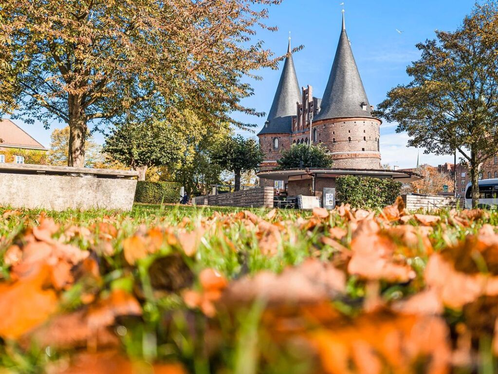 Schleswig-Holstein, Lbeck: Herbstlaub liegt beim Holstentor in Lbeck.