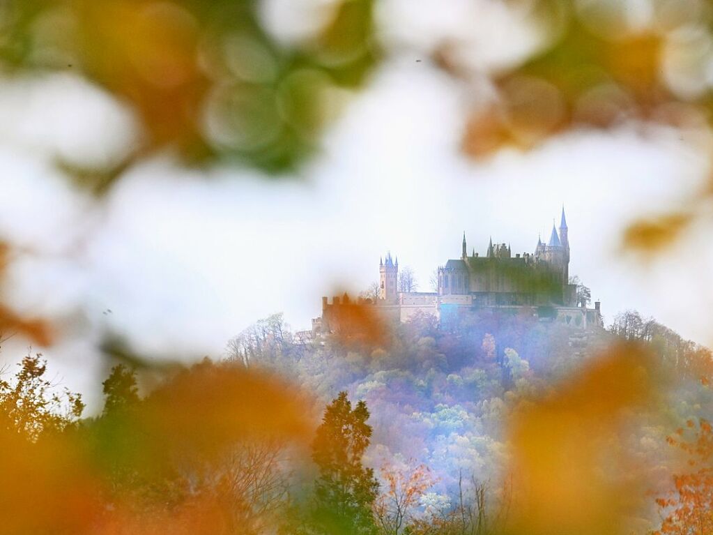 Baden-Wrttemberg, Beuren: Die Burg Hohenzollern bei Hechingen, aufgenommen durch herbstlich verfrbtes Laub an einem Baum.