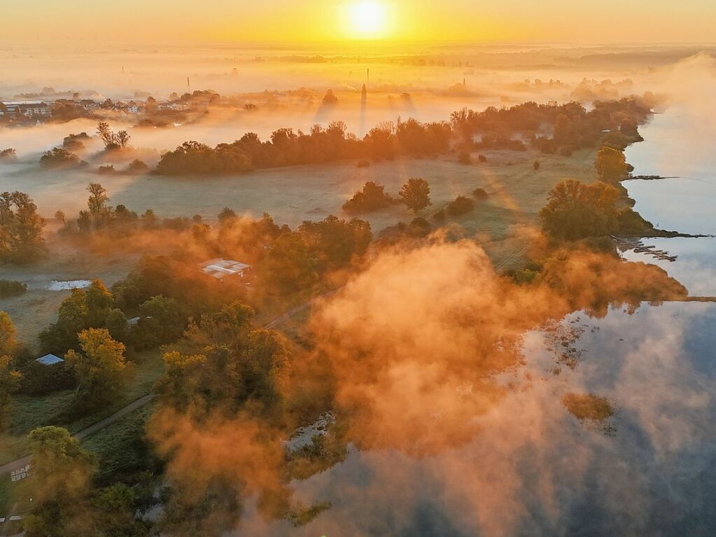 Sachsen-Anhalt, Magdeburg: Nebel bildet sich im Licht der aufgehenden Sonne ber der Elbe im Magdeburger Stadtteil Cracau.