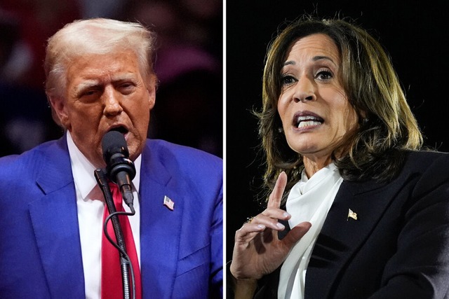 Donald Trump gegen Kamala Harris - dar...i der Prsidentschaftswahl in den USA.  | Foto: VUCCI, MARTIN (dpa)