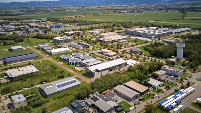 Der Blick von oben zeigt zahlreiche angesiedelt Firmen im Gewerbepark Breisgau.  | Foto: Hubert Gemmert