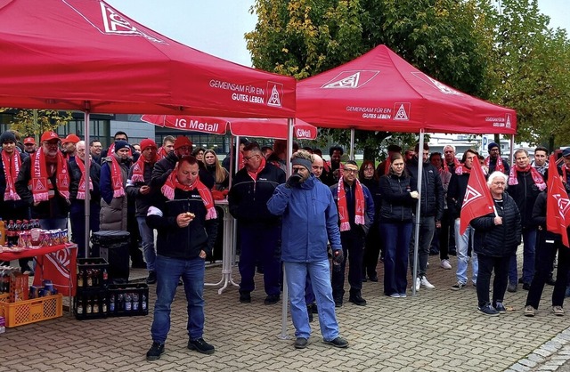 Rund 100 Mitarbeiter von Ekato und Httlin streikten am Montag in Schopfheim.   | Foto: Edgar Steinfelder