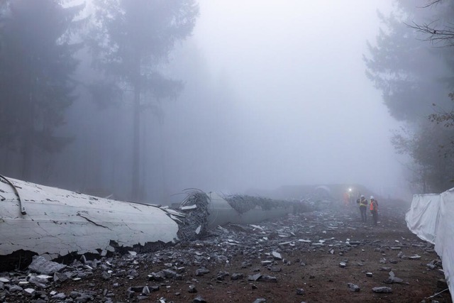 Der umgefallene Windradturm umwabert von Nebel.  | Foto: Philipp von Ditfurth (dpa)