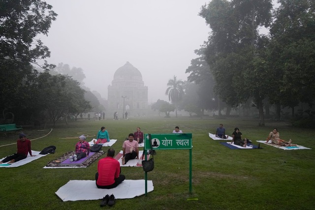 Menschen machen trotz extremer Luftver...tzung Yoga in einem Park in Neu-Delhi.  | Foto: Manish Swarup/AP