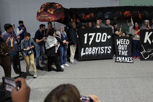 Lobbyisten als b&ouml;se Schlange: Aktion von Klimaaktivisten auf der COP29.  | Foto: Joshua A. Bickel/AP/dpa