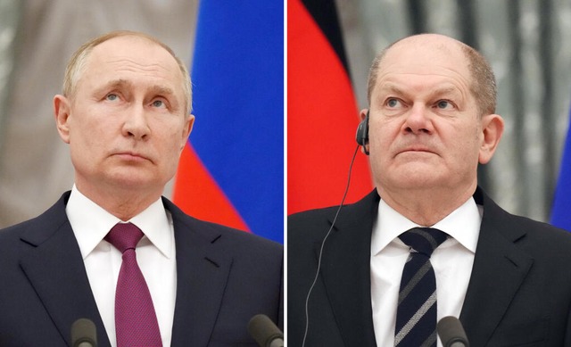 Im Februar 2022, wenige Tage vor der r...ladimir Putin und Olaf Scholz zuletzt.  | Foto: Kay Nietfeld (dpa)