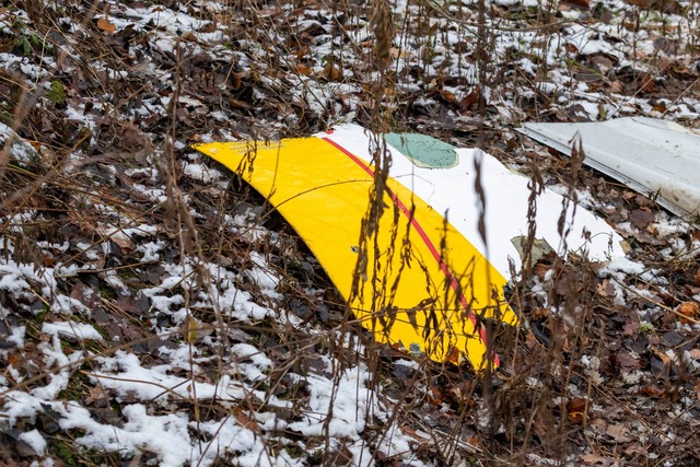 Auf einem Tr&uuml;mmerteil des abgest&...lugzeugs sind die DHL-Farben zu sehen.  | Foto: Mindaugas Kulbis/AP