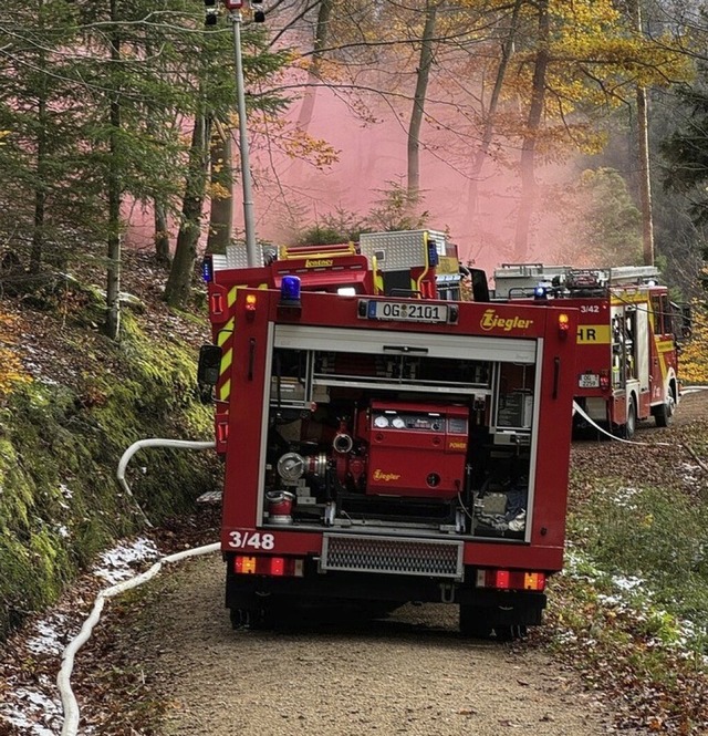 Schmale Wege, bergiges Gelnde: Die Fe...cher Forst. Roter Rauch weist den Weg.  | Foto: Feuerwehr Offenburg