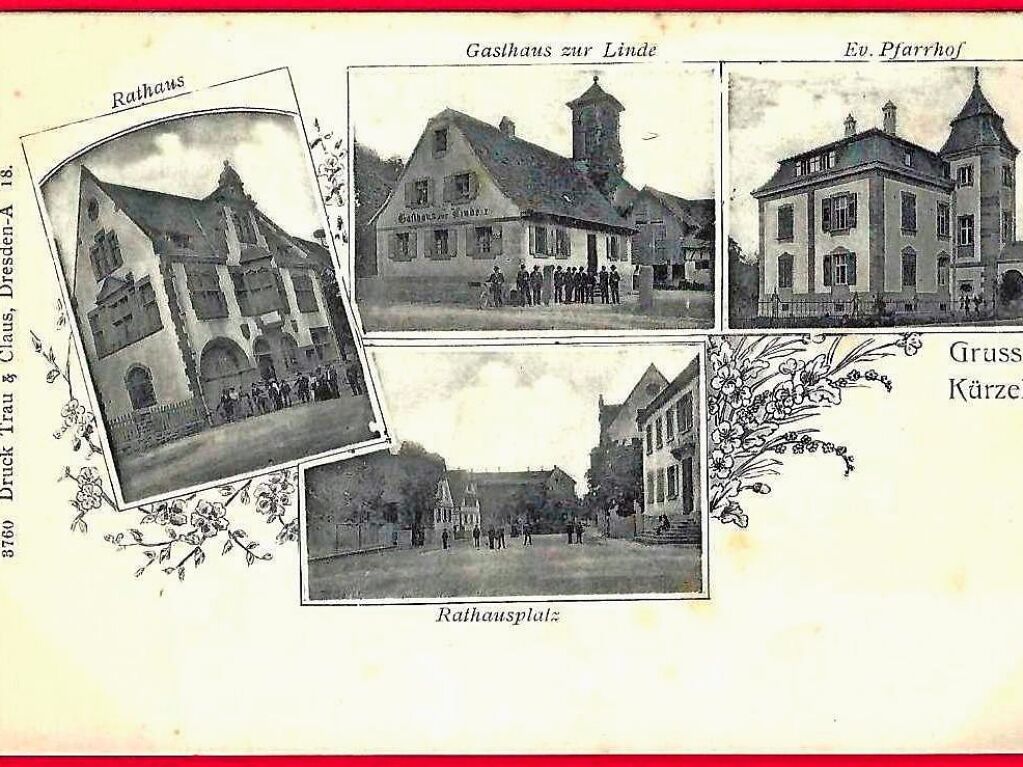 Rathaus mit Rathausplatz, Gasthaus zur Linde und evangelischer Pfarrhof (ca. 1900)