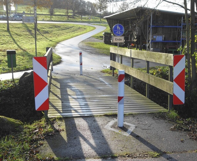 Gefhrliches rgernis fr Radfahrer: Der bergang mit Pfosten bei Wollbach  | Foto: Gudrun Gehr