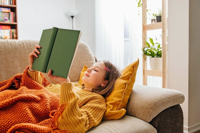 Buch in die Hand und ab aufs Sofa: Gemtlich Lesen macht Spa.  | Foto: IMAGO/Elena Medoks