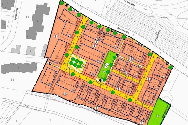 Der Plan fr das Neubaugebiet &#8211; oben die Rheinstrae, unten die Bahntrasse  | Foto: FSP stadplanung