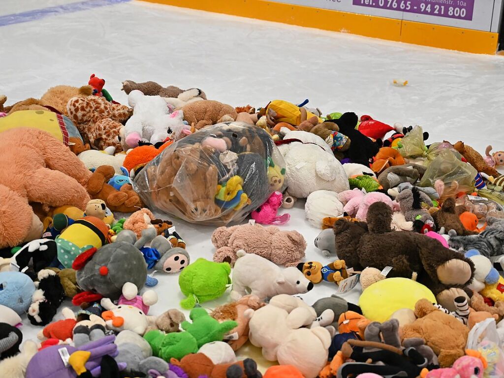 Kuscheltiere fast ohne Ende: Beim Teddy Bear Toss des EHC Freiburg gab es dieses Jahr einen neuen Rekord.