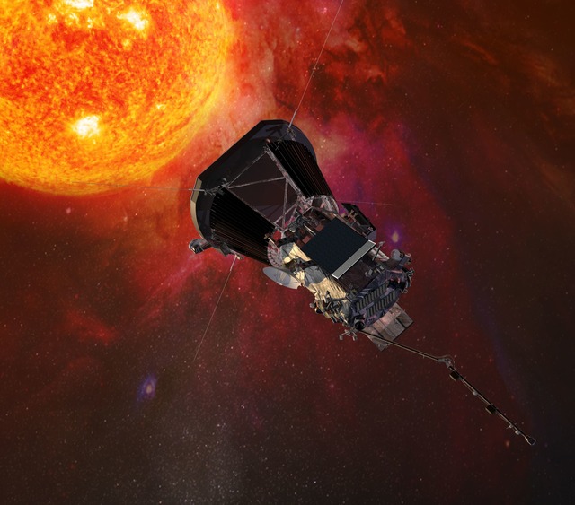 Die Computergrafik zeigt die "Parker S...h&ouml;rde Nasa auf dem Weg zur Sonne.  | Foto: Johns Hopkins University Applied Physics Laboratory/Nasa/dpa