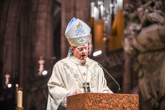 Eltern protestieren vor dem Pontifikal...urger vor dem Freiburger M&uuml;nster.  | Foto: Jason Tschepljakow/dpa