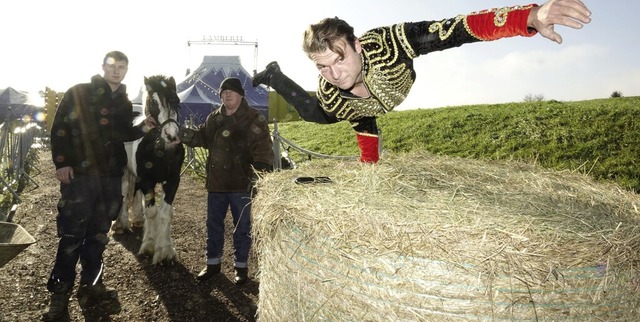 Mit einem einarmigen Handstand bedankt...andro  Lamberti fr die Futterspende.   | Foto: Dieter Erggelet