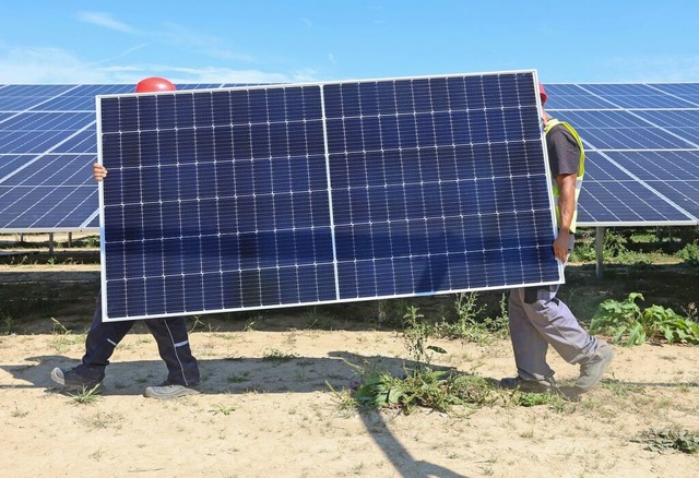 Viel zu tun: Arbeiter in Baden-Wrttemberg 2024 mit einem Solarmodul  | Foto: Thomas Warnack (dpa)