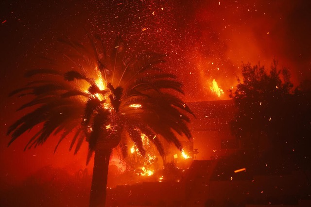 Das Feuer verschlingt Bume und Huser.  | Foto: Ethan Swope (dpa)