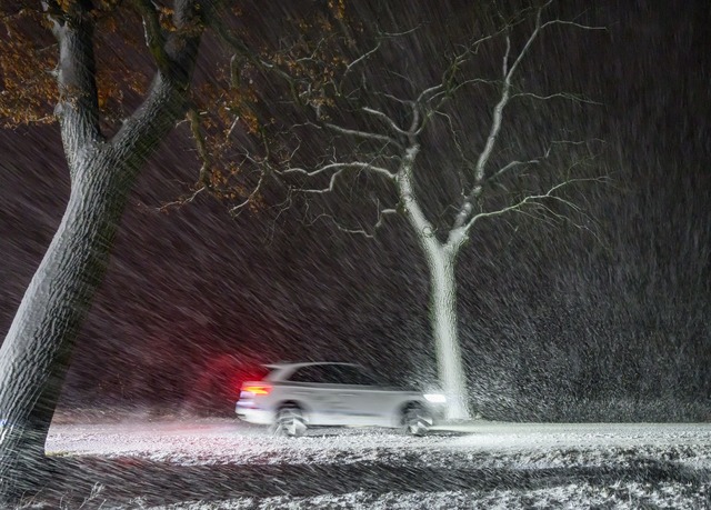 Im dichten Schneetreiben ist ein Auto ... &ouml;stlichen Brandenburg unterwegs.  | Foto: Patrick Pleul/dpa