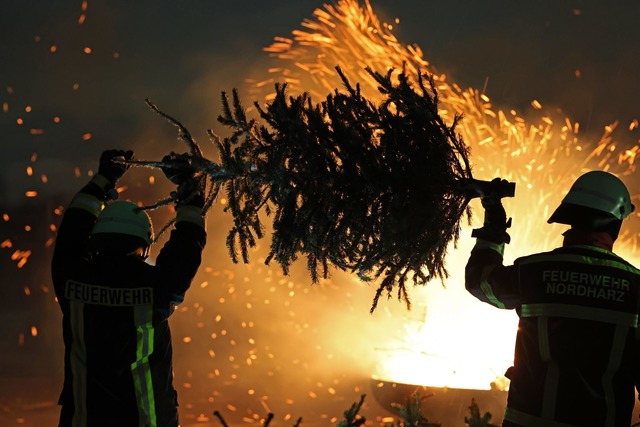 Weihnachtsb&auml;ume brennen in einer ...Gemeinde Stapelburg in Sachsen-Anhalt.  | Foto: Matthias Bein/dpa