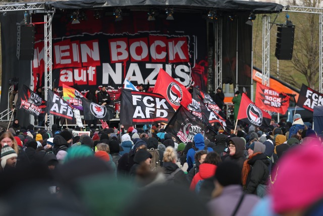 Vor der Parteitagshalle protestieren A... gegen das Treffen der rechten Partei.  | Foto: Jan Woitas/dpa