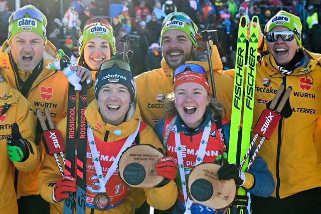 Selina Grotian und Justus Strelow (bei...gen Erfolg f&uuml;r das deutsche Team.  | Foto: Martin Schutt/dpa