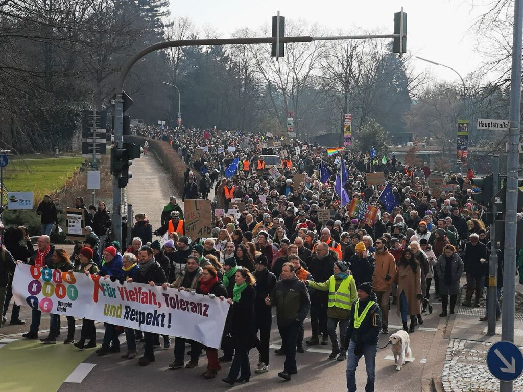 Bei strahlendem Sonnenschein machten sich rund 5000 Teilnehmende vom Platz der Verfassungsfreunde in Richtung Marktplatz auf die Beine. Es ging auch am AfD-Wahlstand vorbei.