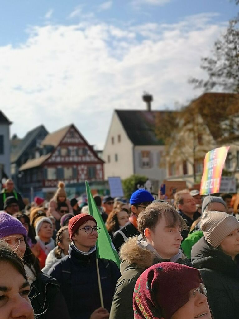 Bei strahlendem Sonnenschein machten sich rund 5000 Teilnehmende vom Platz der Verfassungsfreunde in Richtung Marktplatz auf die Beine. Es ging auch am AfD-Wahlstand vorbei.