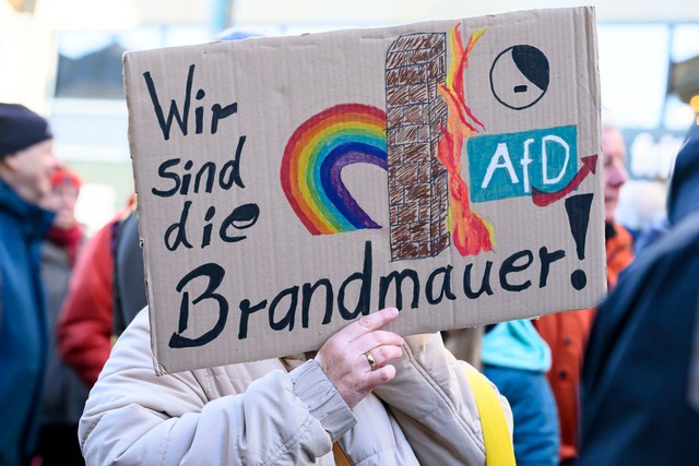 In Frankfurt erinnert eine Demonstrantin an die Brandmauer.  | Foto: Salome Roessler/dpa