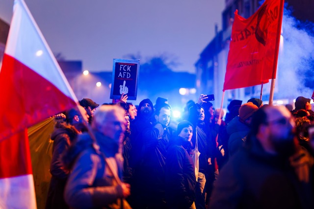 Ein Teilnehmer der Demonstration hielt...ild mit der Aufschrift "FCK AFD" hoch.  | Foto: Philipp von Ditfurth/dpa