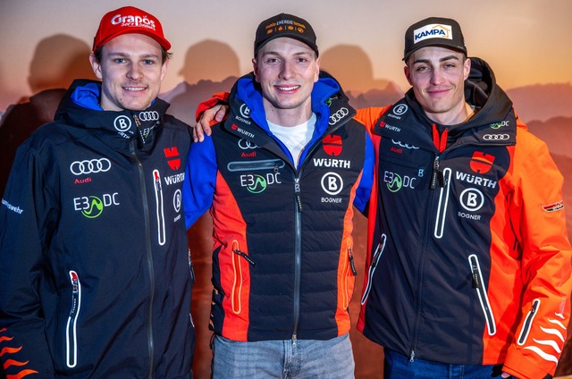 Fabian Gratz, Jonas Stockinger und Ant...mel (v.l.) starten im WM-Riesenslalom.  | Foto: Jens B&uuml;ttner/dpa