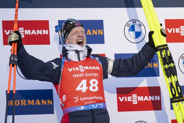 Johannes Thingnes B&ouml; ist trotz zu...;cherer Rennen bei der WM in Bestform.  | Foto: Gian Ehrenzeller/KEYSTONE/dpa