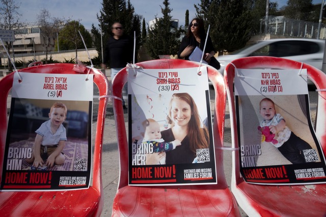 Plakat von Familie Bibas.  | Foto: Maya Alleruzzo/AP/dpa