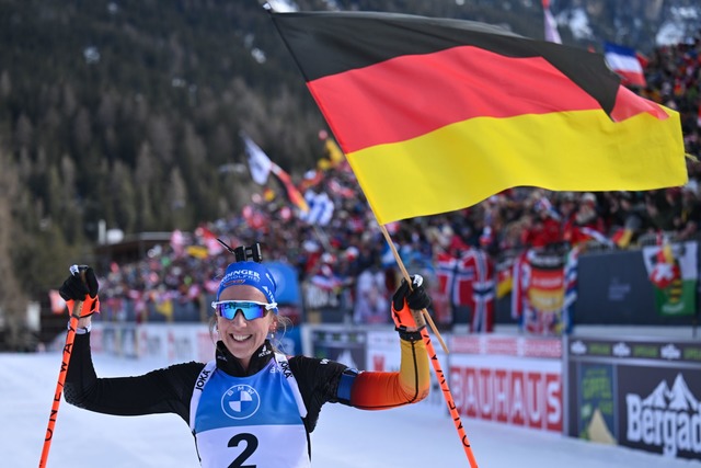 Franziska Preu&szlig; gewann in Lenzerheide Gold in der Verfolgung.  | Foto: Martin Schutt/dpa