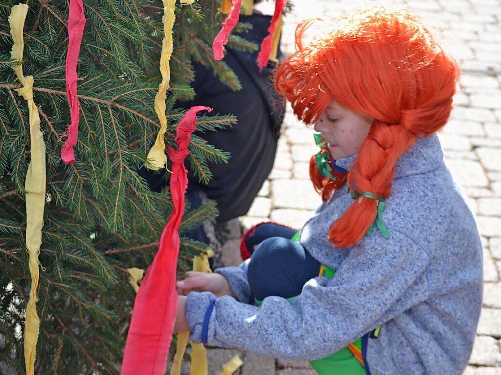 Bevor der Narranbaum in Bernau gestellt wurde, schmckten ihn Kinder mit bunten Bndern.