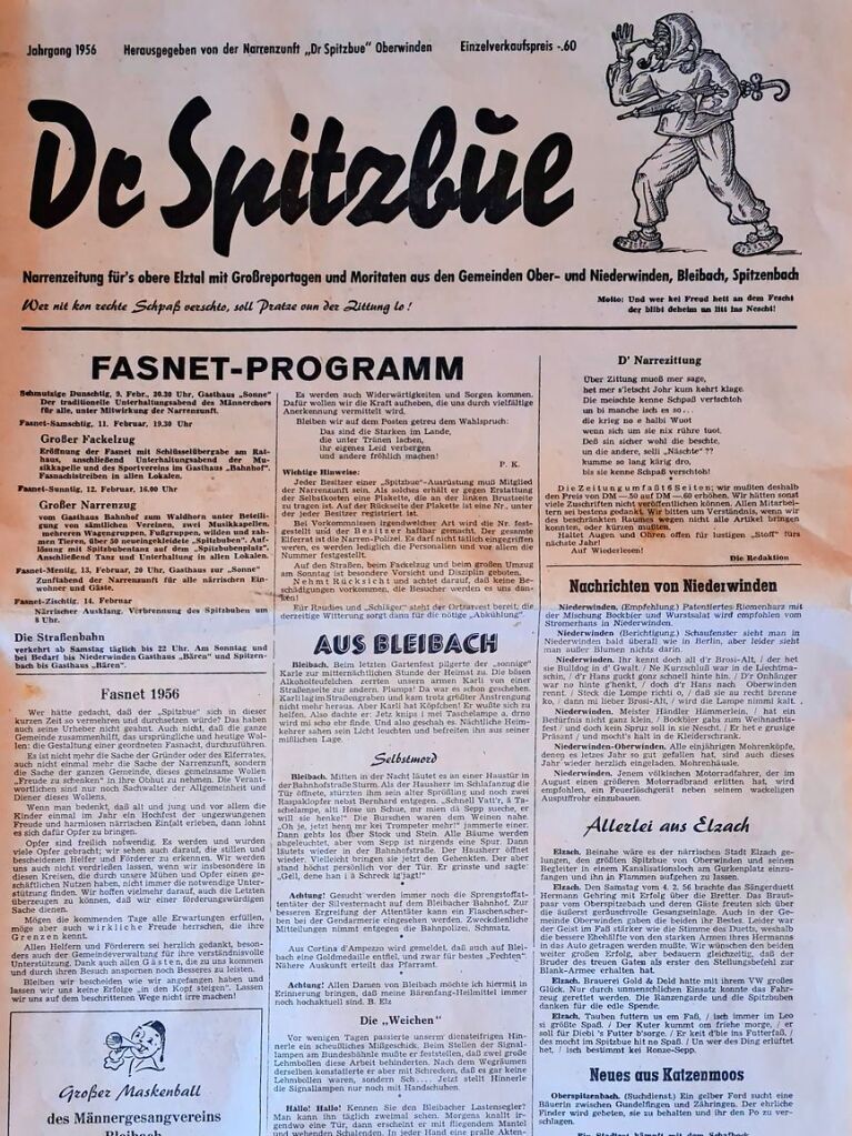 Oberwinden Deckblatt Spitzbuebezeitung 1956, 1956, Oberwinden Fasnet. Zur Verfgung gestellt von Clemens Fakler