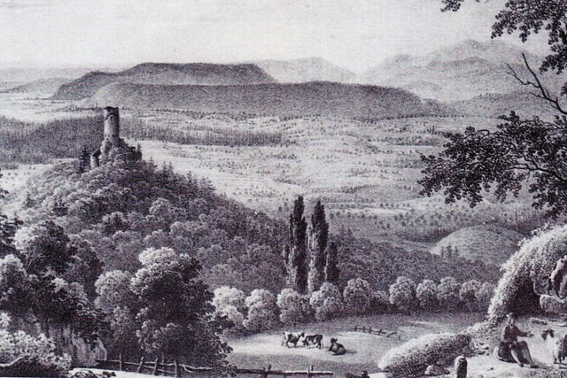 Diese Lithographie von 1850 zeigt das ... Steinegg und die Burgruine Brenfels.  | Foto: Ernst Brugger