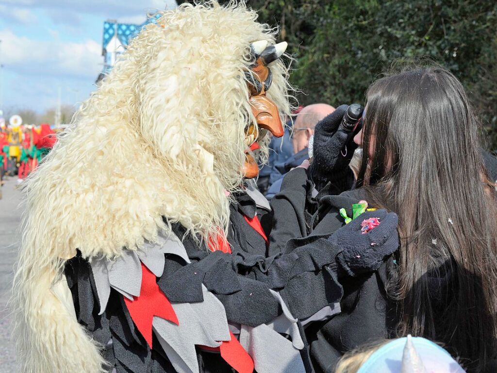 Die Sonne zeigte sich rechtzeitig zum Fasnachtsumzug in Bad Krozingen, bei dem sich das Publikum am Rande der Strecke drngte, auch um eine der vielen Sigkeiten zu ergattern, welche reichlich verteilt wurden. An Konfetti mangelte es ebenfalls nicht.