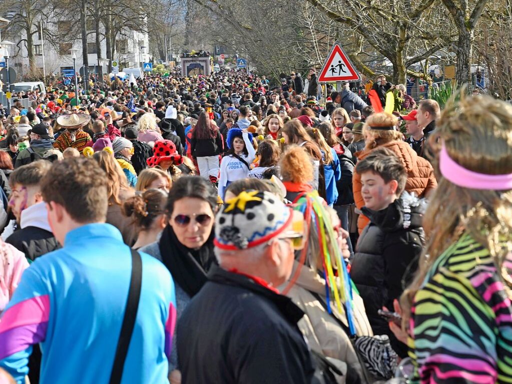 Die Sonne zeigte sich rechtzeitig zum Fasnachtsumzug in Bad Krozingen, bei dem sich das Publikum am Rande der Strecke drngte, auch um eine der vielen Sigkeiten zu ergattern, welche reichlich verteilt wurden. An Konfetti mangelte es ebenfalls nicht.