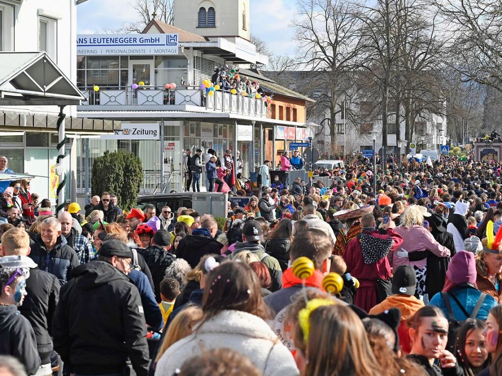 Die Sonne zeigte sich rechtzeitig zum Fasnachtsumzug in Bad Krozingen, bei dem sich das Publikum am Rande der Strecke drngte, auch um eine der vielen Sigkeiten zu ergattern, welche reichlich verteilt wurden. An Konfetti mangelte es ebenfalls nicht.